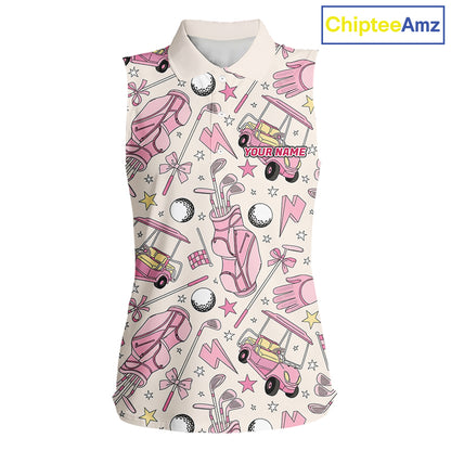 Women's sleeveless golf polo featuring pink golf balls and golf clubs, personalized ladies golf apparel for tournaments, golf vacations and women's golf teams, symbolizing friendship, confidence and golf lifestyle.