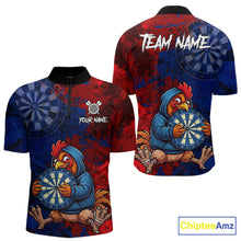 Load image into Gallery viewer, Blue And Red Grunge Funny Rooster Darts Shirt For Men Custom Name &amp; Team Dart Outfits Jerseys NYN3162