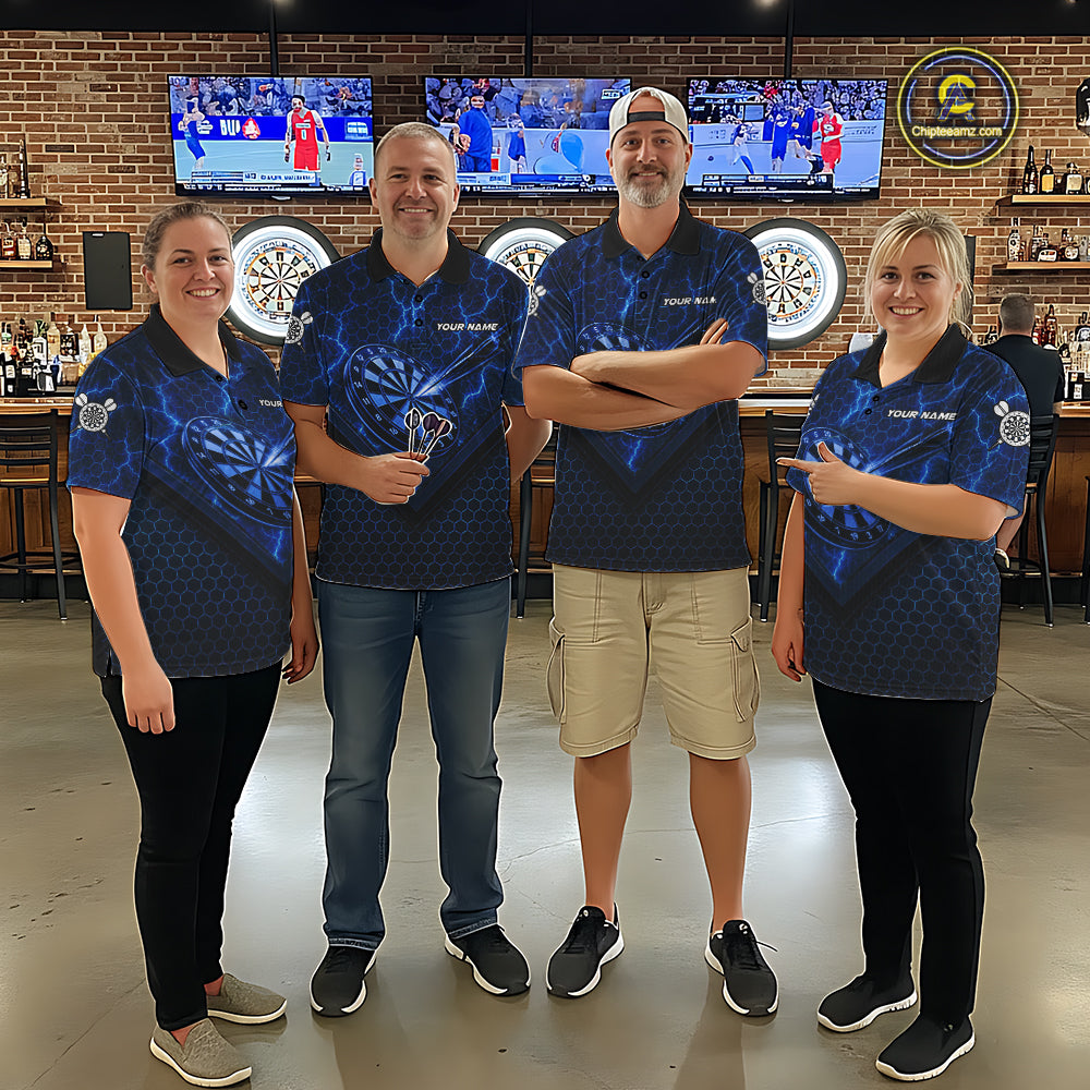 Blue Hexagon Pattern Thunder Lightning Women Darts Shirt Personalized Dart Team Jerseys For Darters NYN3164