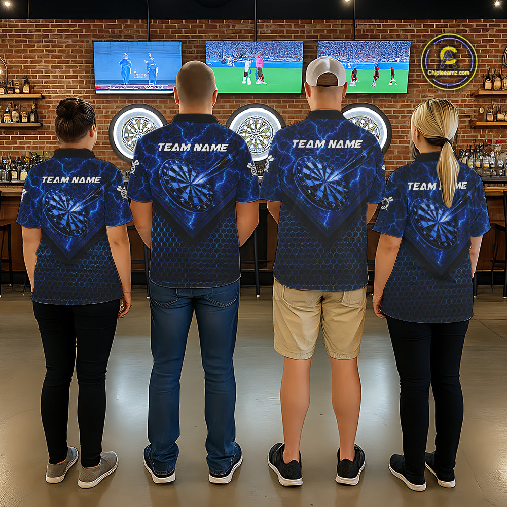 Blue Hexagon Pattern Thunder Lightning Women Darts Shirt Personalized Dart Team Jerseys For Darters NYN3164