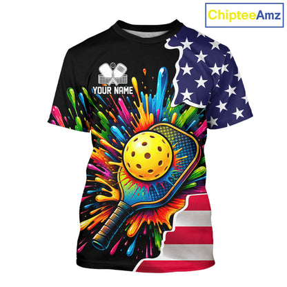 Custom American flag patriotic pickleball tshirt for men colorful splatter pickleball jersey black