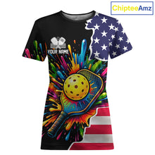 Load image into Gallery viewer, Custom American flag patriotic pickleball tshirt for women colorful splatter pickleball jersey black