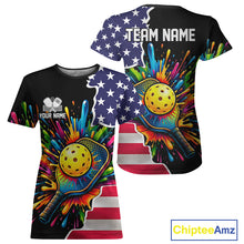 Load image into Gallery viewer, Custom American flag patriotic pickleball tshirt for women colorful splatter pickleball jersey black