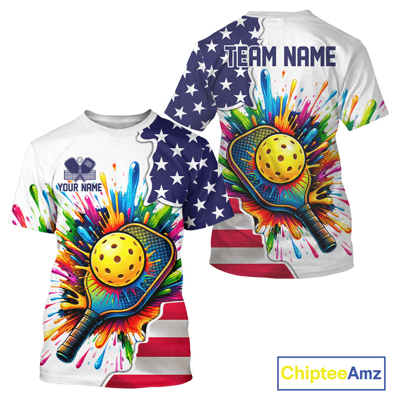 Custom American flag patriotic pickleball tshirt for men colorful splatter pickleball jersey white