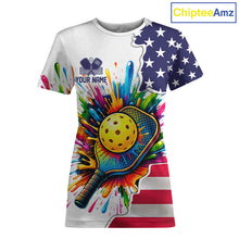 Load image into Gallery viewer, Custom American flag patriotic pickleball tshirt for women colorful splatter pickleball jersey white