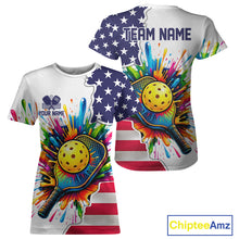 Load image into Gallery viewer, Custom American flag patriotic pickleball tshirt for women colorful splatter pickleball jersey white