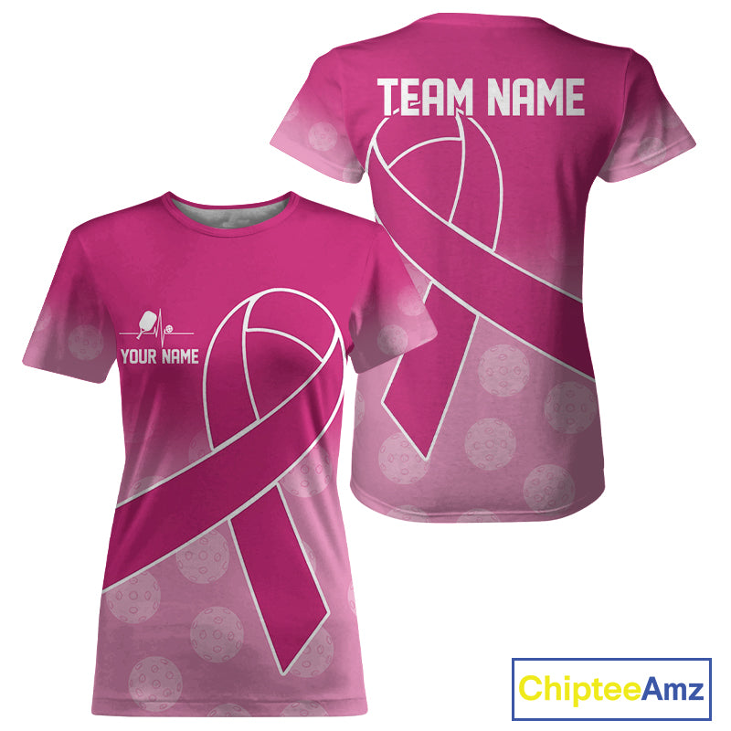 Pink ribbon pickleball tshirt for women breast cancer pickleball apparel