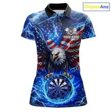 Load image into Gallery viewer, Patriotic Eagle Blue Flames Thunder Dartboard Women Darts Polo Shirt Custom US Flag Darts Jersey NYN2607
