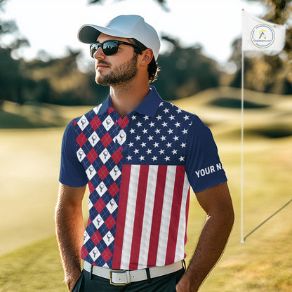Mens Golf Polo Shirts American Flag Patriotic Custom Golf Ball Argyle Pattern Mens Golf Polos NYN3381