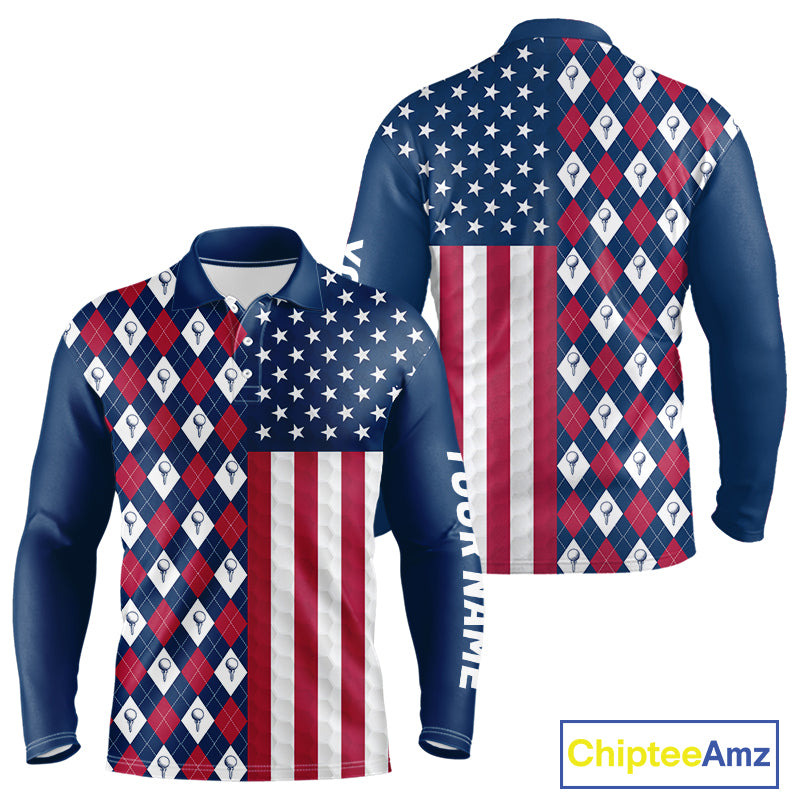 Mens Golf Polo Shirts American Flag Patriotic Custom Golf Ball Argyle Pattern Mens Golf Polos NYN3381