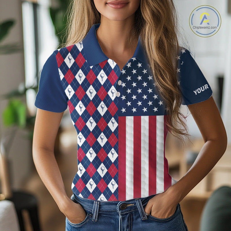Womens Golf Polo Shirts American Flag Patriotic Custom Golf Ball Argyle Pattern Womens Golf Polos NYN3381