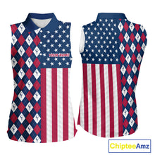 Load image into Gallery viewer, Womens American flag golf sleeveless polo shirt custom golf ball argyle patriotic golf polo