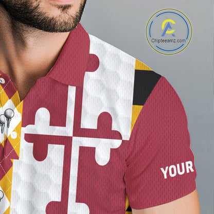 Mens Golf Polo Shirts Maryland Flag Patriotic Custom Golf Ball Argyle Pattern Mens Golf Polos NYN3382