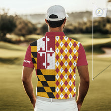 Load image into Gallery viewer, Mens Golf Polo Shirts Maryland Flag Patriotic Custom Golf Ball Argyle Pattern Mens Golf Polos NYN3382