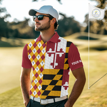 Mens Golf Polo Shirts Maryland Flag Patriotic Custom Golf Ball Argyle Pattern Mens Golf Polos NYN3382