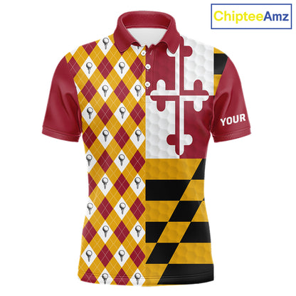 Mens Maryland flag golf polo shirt custom golf ball argyle patriotic golf polo