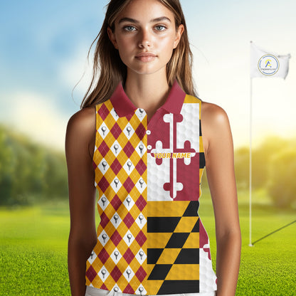Womens Golf Sleeveless Polo Shirts Maryland Flag Patriotic Custom Golf Ball Argyle Womens Golf Polos NYN3382