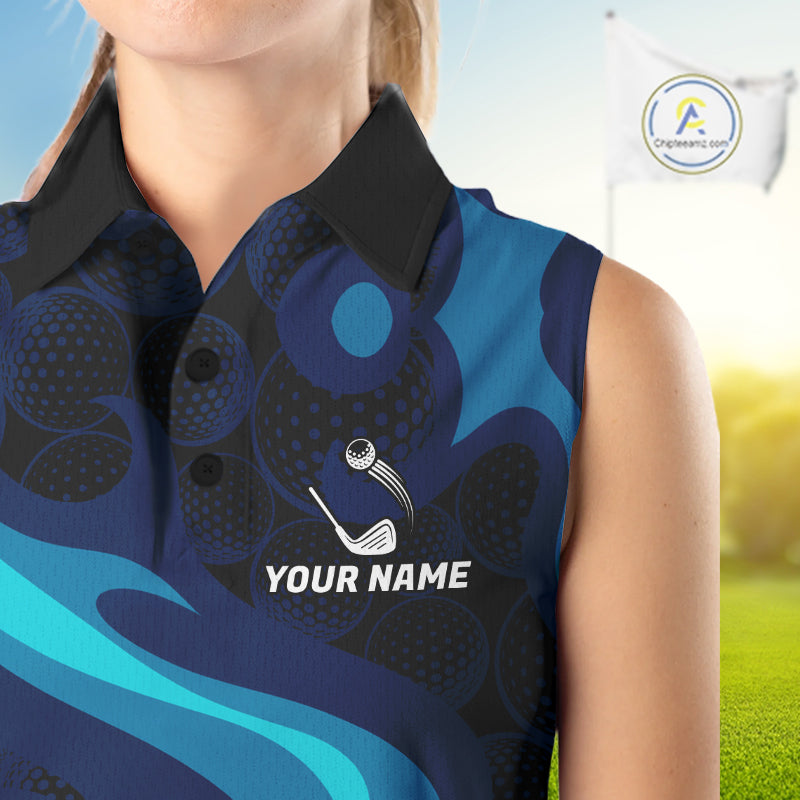 Womens Golf Ball Pattern Shirts Custom Black And Blue Golf Sleeveless Polos Golf Team Outfits NYN3383