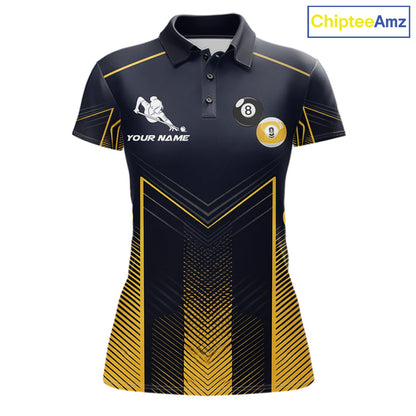 Women's billiard polo with vibrant yellow strike effects, Yin Yang artwork and billiard balls, custom pool apparel for APA leagues, Zen lifestyle enthusiasts and tournament players