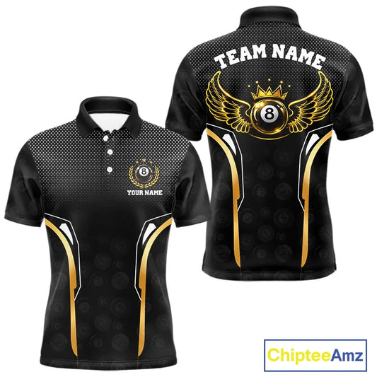 Black & Gold 8 Ball Crown Men's Billiard Polo & 1/4 Zip Shirt Custom Pool Billiard Jerseys NYN2346