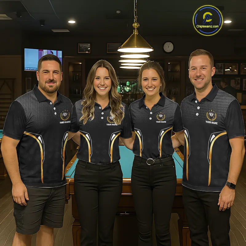Black & Gold 8 Ball Crown Women's Billiard Polo & 1/4 Zip Shirt Custom Pool Billiard Jerseys NYN2346