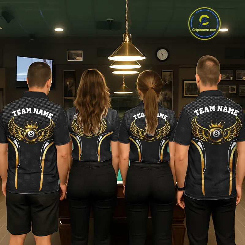 Black & Gold 8 Ball Crown Women's Billiard Polo & 1/4 Zip Shirt Custom Pool Billiard Jerseys NYN2346