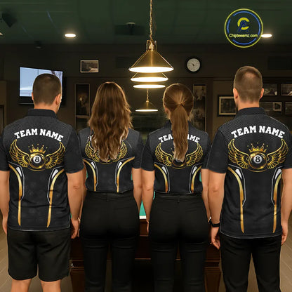 Black & Gold 8 Ball Crown Women's Billiard Polo & 1/4 Zip Shirt Custom Pool Billiard Jerseys NYN2346