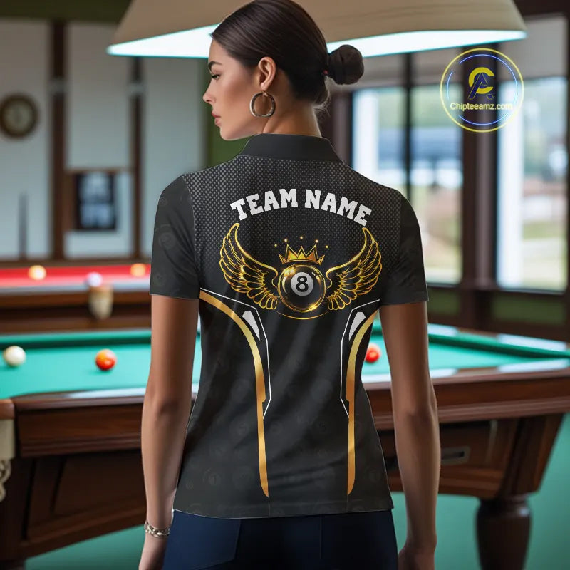 Black & Gold 8 Ball Crown Women's Billiard Polo & 1/4 Zip Shirt Custom Pool Billiard Jerseys NYN2346
