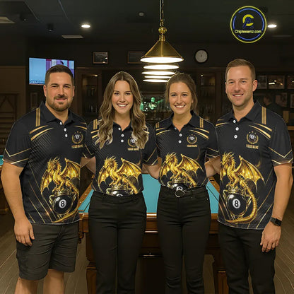 Black & Gold 8 Ball Crown Women's Billiard Team Shirt Custom Dragon Pool Billiard Jerseys NYN2348