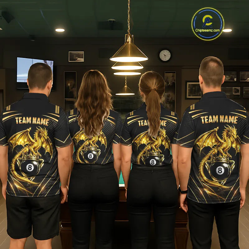 Black & Gold 8 Ball Crown Women's Billiard Team Shirt Custom Dragon Pool Billiard Jerseys NYN2348
