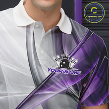 Load image into Gallery viewer, Male bowler wearing white and purple smoke bowling jersey during league competition, premium bowling apparel for tournament players, bowling clubs and sports enthusiasts, symbolizing confidence, determination and elite performance.