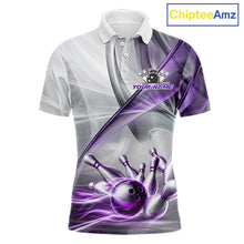 Load image into Gallery viewer, Men's bowling polo featuring white and purple smoke with realistic bowling ball and pins, personalized performance bowling shirt for USBC leagues, bowling tournaments, custom team uniforms and competitive bowlers, symbolizing focus, creativity, teamwork and championship excellence.