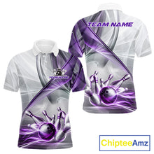 Load image into Gallery viewer, Men's bowling polo featuring white and purple smoke with realistic bowling ball and pins, personalized performance bowling shirt for USBC leagues, bowling tournaments, custom team uniforms and competitive bowlers, symbolizing focus, creativity, teamwork and championship excellence.