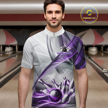 Load image into Gallery viewer, Male bowler wearing white and purple smoke bowling jersey during league competition, premium bowling apparel for tournament players, bowling clubs and sports enthusiasts, symbolizing confidence, determination and elite performance.