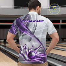 Load image into Gallery viewer, Male bowler wearing white and purple smoke bowling jersey during league competition, premium bowling apparel for tournament players, bowling clubs and sports enthusiasts, symbolizing confidence, determination and elite performance.