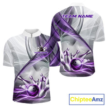 Load image into Gallery viewer, Men's quarter-zip bowling jersey featuring white and purple smoke with bowling ball and pin graphics, moisture-wicking performance apparel for league championships, USBC tournaments and professional bowling teams, representing precision, confidence and victory.