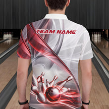 Load image into Gallery viewer, Male bowler wearing white and red smoke bowling jersey during tournament competition, performance bowling apparel for competitive athletes, bowling enthusiasts and league champions, symbolizing resilience, confidence and excellence.