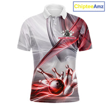 Load image into Gallery viewer, Men's bowling polo featuring white and red smoke with realistic bowling ball and pins, personalized bowling apparel for USBC tournaments, league bowlers, custom team uniforms and championship competitions, symbolizing passion, power and victory.