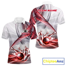 Load image into Gallery viewer, Men's bowling polo featuring white and red smoke with realistic bowling ball and pins, personalized bowling apparel for USBC tournaments, league bowlers, custom team uniforms and championship competitions, symbolizing passion, power and victory.