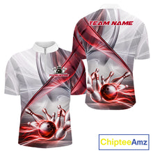 Load image into Gallery viewer, Men's quarter-zip bowling jersey featuring dynamic white and red smoke with bowling ball graphics, premium performance apparel for league play, tournament championships and professional bowling teams, representing courage, determination and success.
