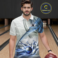 Load image into Gallery viewer, Male bowler wearing white and blue smoke bowling jersey during championship tournament, premium bowling apparel for sports clubs, bowling enthusiasts and competitive athletes, symbolizing consistency, confidence and success.