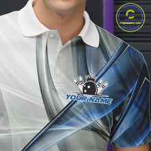 Load image into Gallery viewer, Male bowler wearing white and blue smoke bowling jersey during championship tournament, premium bowling apparel for sports clubs, bowling enthusiasts and competitive athletes, symbolizing consistency, confidence and success.