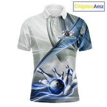 Load image into Gallery viewer, Men's bowling polo featuring white and blue smoke with bowling ball and pins, personalized performance bowling shirt for bowling leagues, USBC championships, bowling clubs and team uniforms, symbolizing trust, precision and teamwork.