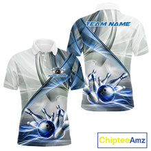 Load image into Gallery viewer, Men's bowling polo featuring white and blue smoke with bowling ball and pins, personalized performance bowling shirt for bowling leagues, USBC championships, bowling clubs and team uniforms, symbolizing trust, precision and teamwork.