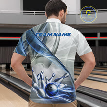 Load image into Gallery viewer, Male bowler wearing white and blue smoke bowling jersey during championship tournament, premium bowling apparel for sports clubs, bowling enthusiasts and competitive athletes, symbolizing consistency, confidence and success.