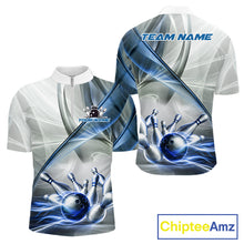 Load image into Gallery viewer, Men's quarter-zip bowling jersey featuring white and blue smoke with bowling ball artwork, moisture-wicking bowling apparel for professional tournaments, league play and custom bowling teams, representing focus, discipline and competitive excellence.