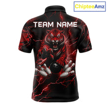 Load image into Gallery viewer, Men's bowling polo featuring fierce red thunder lightning tiger with bowling graphics, personalized performance bowling shirt for tiger lovers, league bowlers, championship tournaments and competitive athletes, symbolizing strength, courage and leadership.
