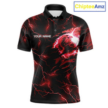 Load image into Gallery viewer, Men's bowling polo featuring fierce red thunder lightning tiger with bowling graphics, personalized performance bowling shirt for tiger lovers, league bowlers, championship tournaments and competitive athletes, symbolizing strength, courage and leadership.