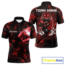 Load image into Gallery viewer, Men's bowling polo featuring fierce red thunder lightning tiger with bowling graphics, personalized performance bowling shirt for tiger lovers, league bowlers, championship tournaments and competitive athletes, symbolizing strength, courage and leadership.