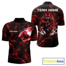 Load image into Gallery viewer, Men's quarter-zip bowling jersey featuring red lightning tiger artwork with bowling elements, custom tournament apparel for USBC championships, bowling clubs and elite team uniforms, representing power, speed and victory.